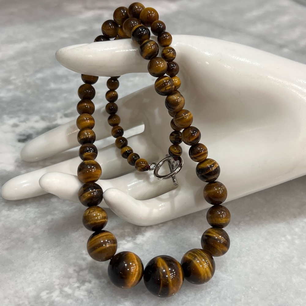 South African Tigers Eye Beads Silver Toggle Clasp Necklace